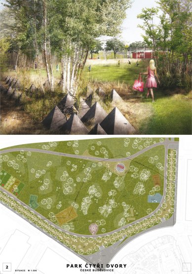 Park Four Dvory in České Budějovice - competition results - 2nd prize (80,000 CZK): MgA. Ing. arch. Michal Fišer, Ing. arch. Kateřina Richterová