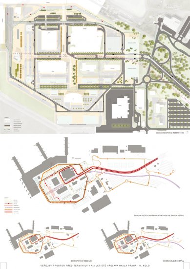 Prostor před terminály 1 a 2 Letiště Václava Havla Praha - výsledky soutěže - 3. zvýšená cena - foto: CMC architects – Atelier DUA – Jan Mužík