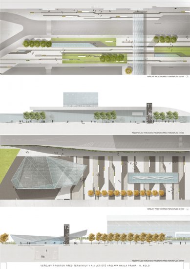 Prostor před terminály 1 a 2 Letiště Václava Havla Praha - výsledky soutěže - 3. zvýšená cena - foto: CMC architects – Atelier DUA – Jan Mužík