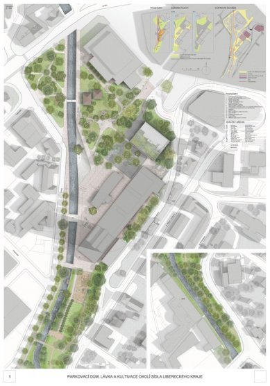 Parking garage, footbridge, and landscaping of the Liberec Region headquarters - competition results - 1. price - foto: re:architekti 