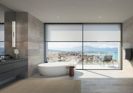 Minimalismus par excellence: Bezrámový a zároveň bezbariérový posuvný systém Schüco AS PD 75.HI - Systém Schüco AS PD 75.HI Panorama Design lze kombinovat s externím systémem zastínění Schüco AB ZDS.