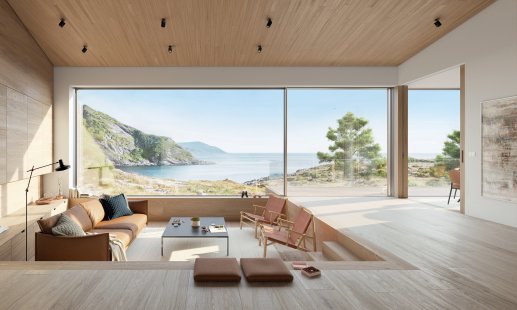 Minimalismus par excellence: Bezrámový a zároveň bezbariérový posuvný systém Schüco AS PD 75.HI - Harmonii v dřevěném interiéru lze vytvořit  díky Schüco AluWood Design - designová proměna se děje pouhým nalepením dřevěných dekorativních lišt na vnitřní stranu hliníkového profilu křídla.